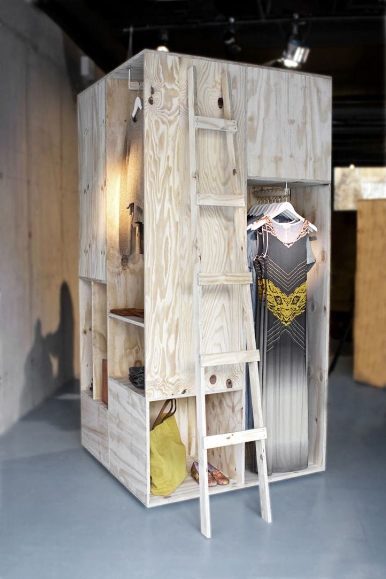 Plywood is used to create a simple but effective display for clothing