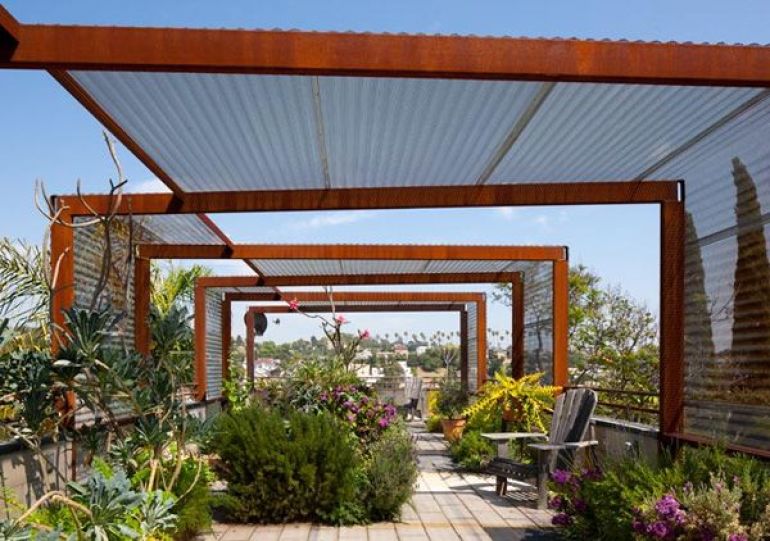 Rusted steel and polycarbonate shade structure