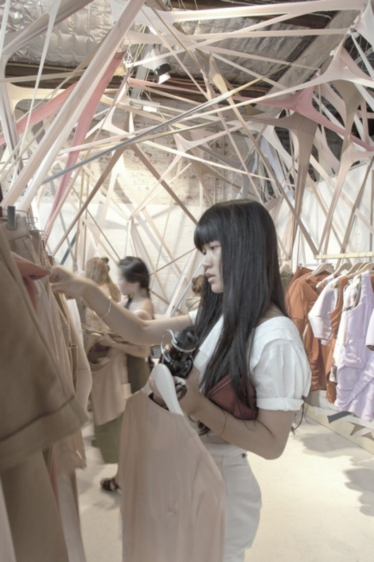 Stockings used to decorate a warehouse pop up clothing store