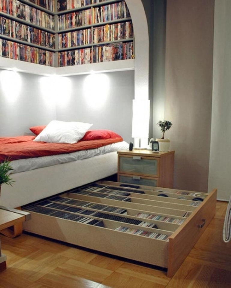 Reading nook with a drawer full of books